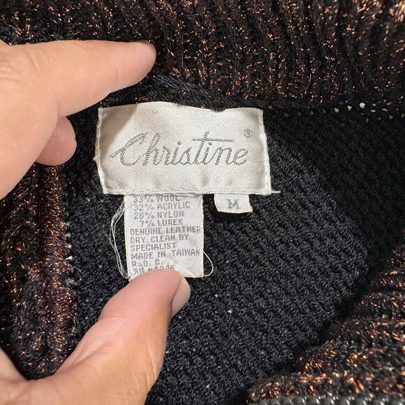 Vtg 80s Christine Knit Jacket Zip Sweater Embellished Beaded Suede Wool Tassels - Picture 4 of 7